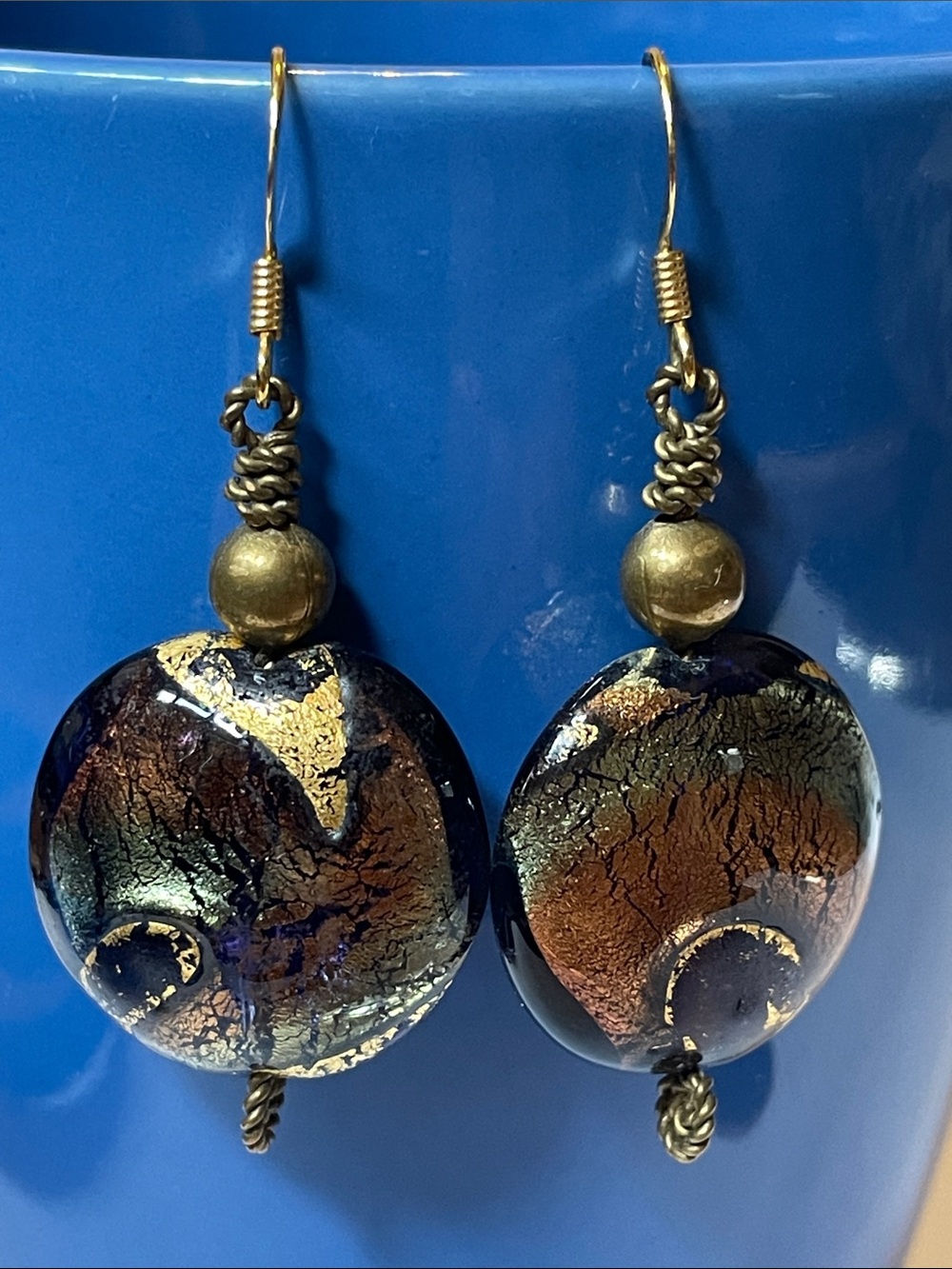 Murano Glass Drop Earrings in Iridescent Bronze and Gold